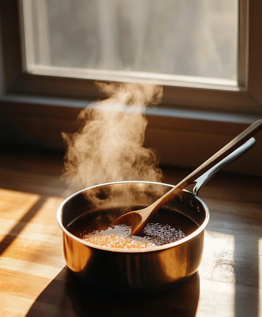 A saucepan of golden caramel being stirred with a wooden spoon.