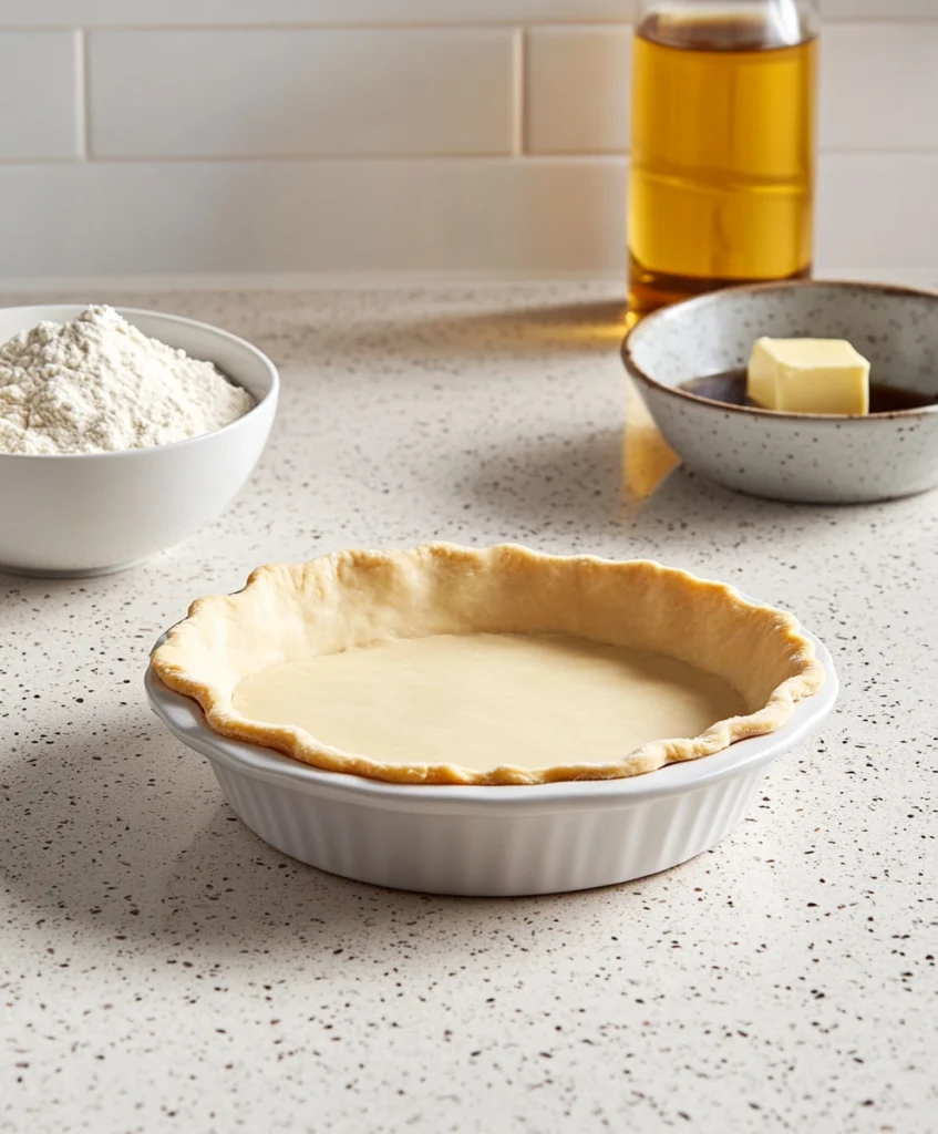 Pouring the caramel pumpkin custard into a prepared pie crust.