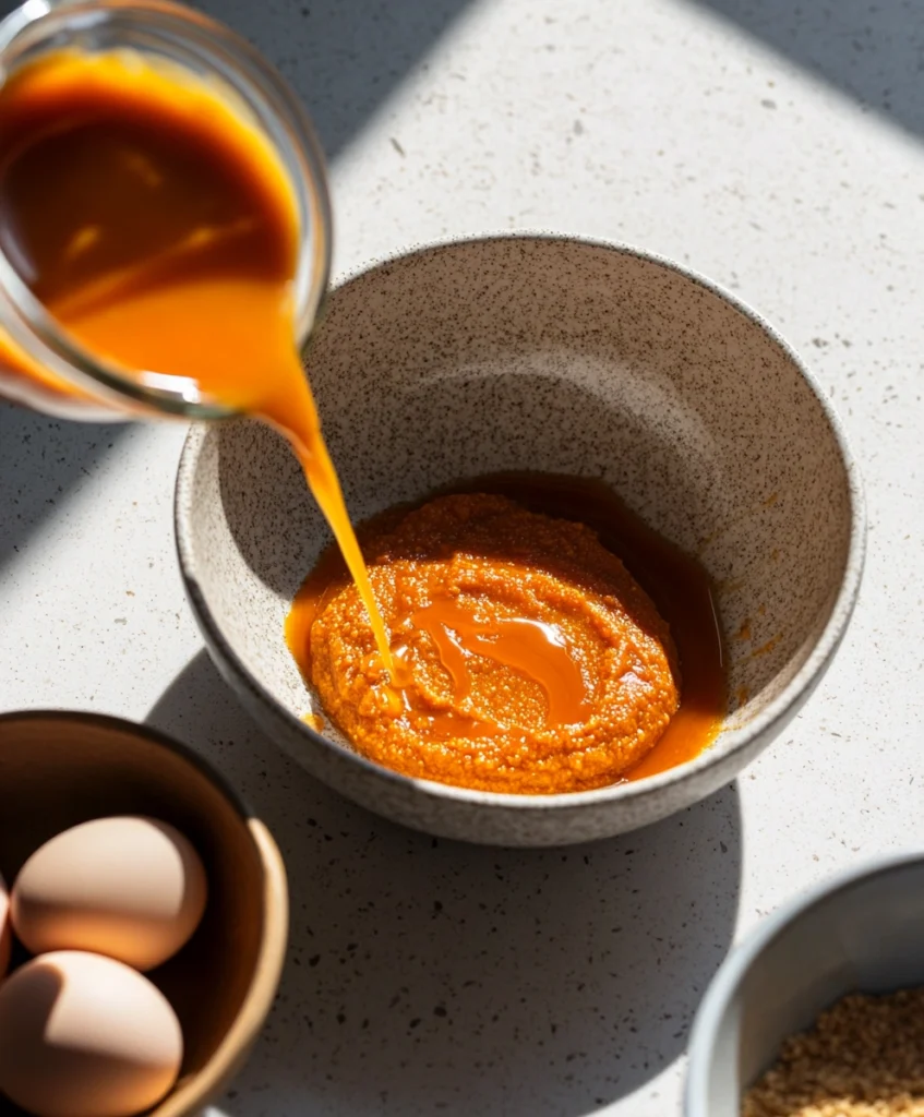 Mixing caramel and pumpkin puree in a glass bowl.