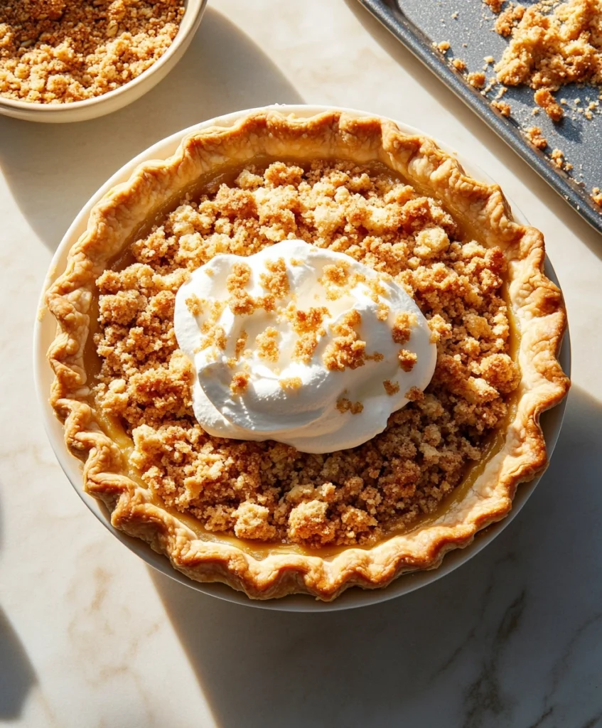 Sprinkling a crumbly streusel topping onto the partially baked pie.