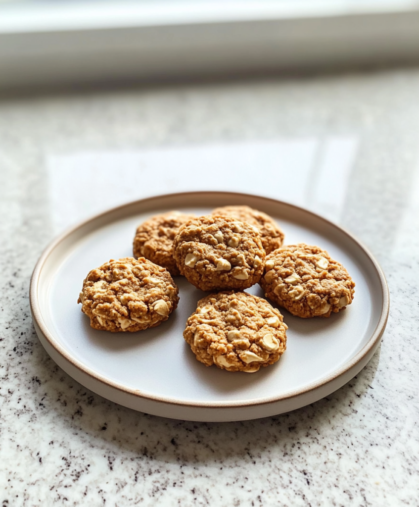 Stacked no-bake protein cookies on a cooling rack over a speckled granite countertop.