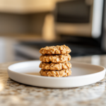 A stack of golden-brown no-bake protein cookies on a white plate over a speckled granite countertop.