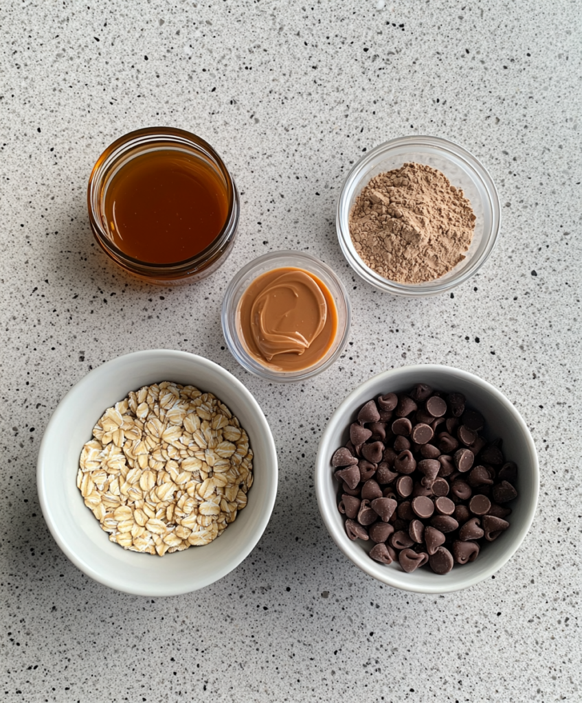 Protein powder, oats, peanut butter, honey, and chocolate chips in separate bowls on a speckled granite countertop.