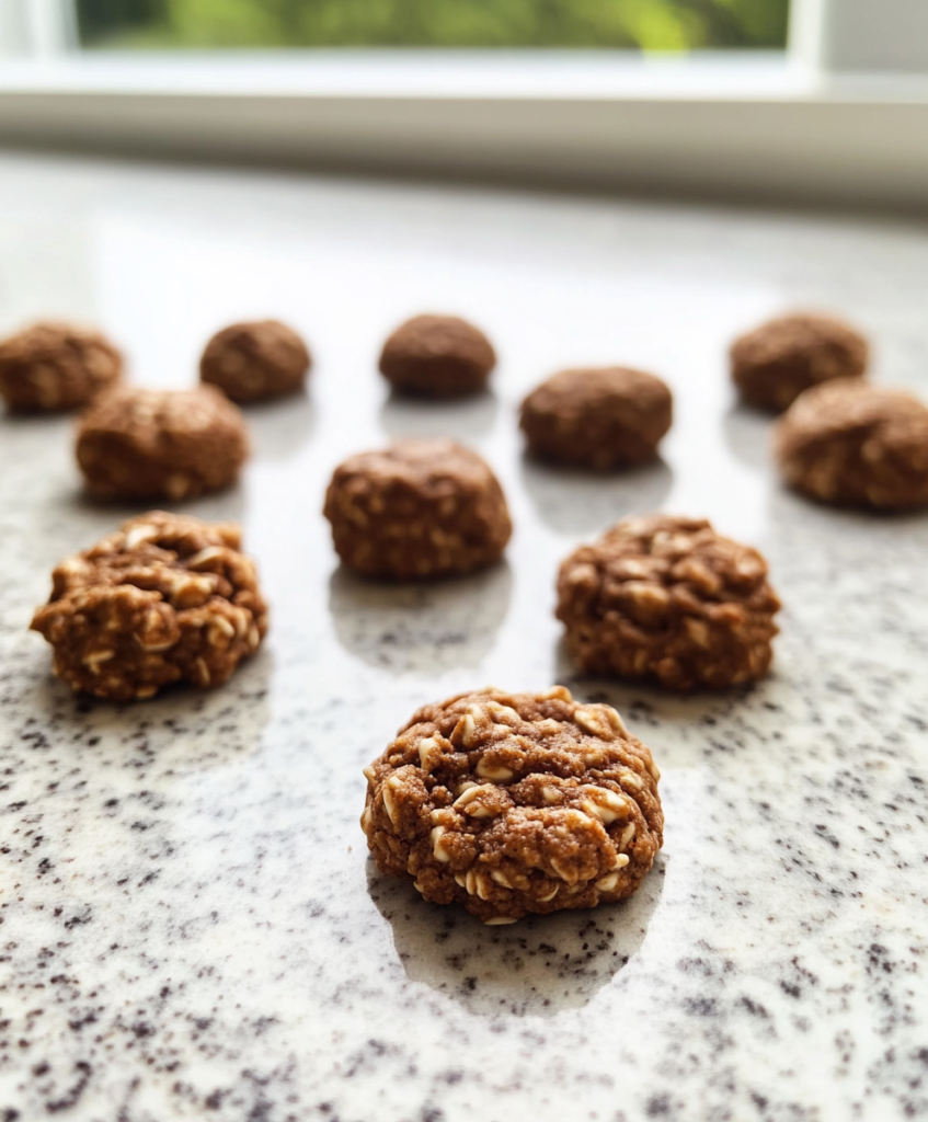 Flattened no-bake protein cookie discs on a parchment-lined tray over a speckled granite countertop.