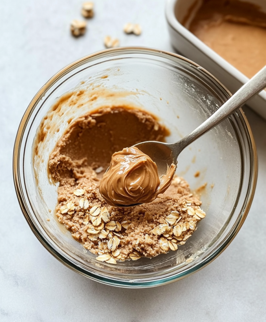 Cookie dough ingredients being mixed in a clear bowl with a wooden spoon on a speckled granite countertop.