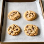 Scoops of banana bread cookie dough on a lined baking sheet